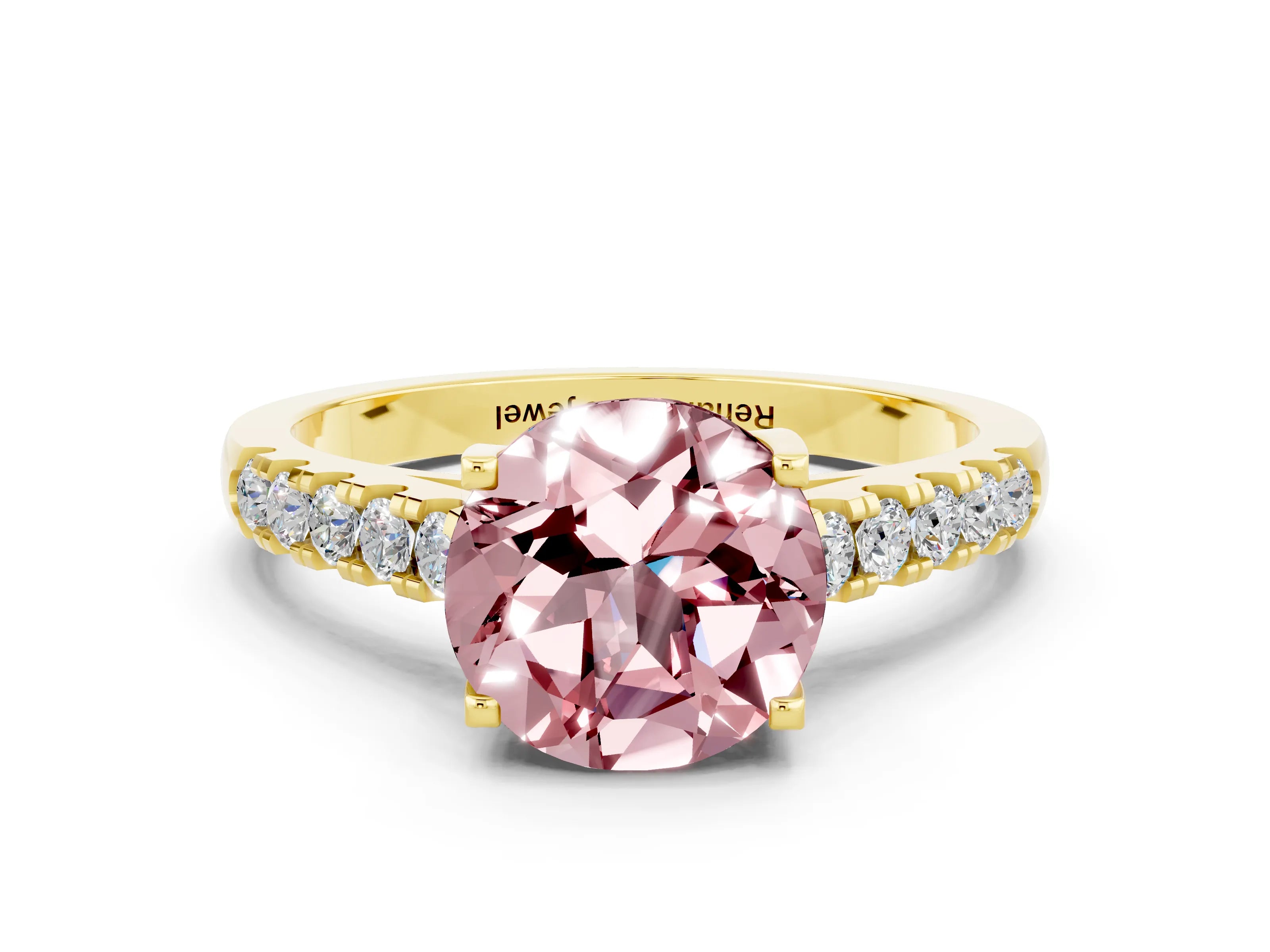 Yellow gold {shape_name} Morganite Solitaire Ring with Pavé Band and Four-Prong Setting