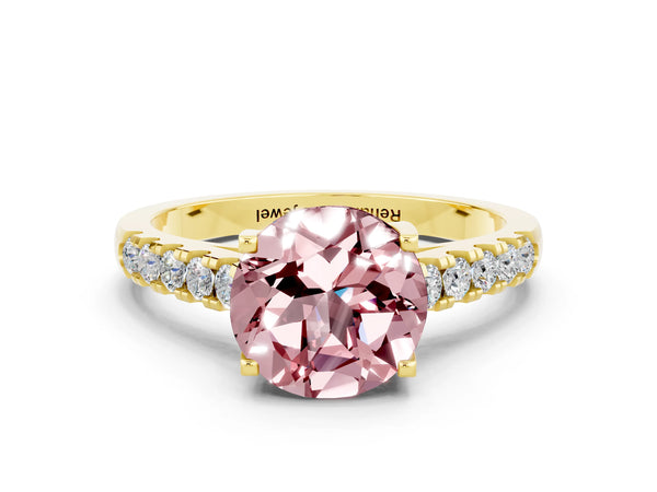 Yellow gold Round Cut Morganite Pavé Band Solitaire Ring with Prong Setting