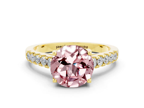 Yellow gold {shape_name} Morganite Solitaire Ring with Pavé Band and Four-Prong Setting