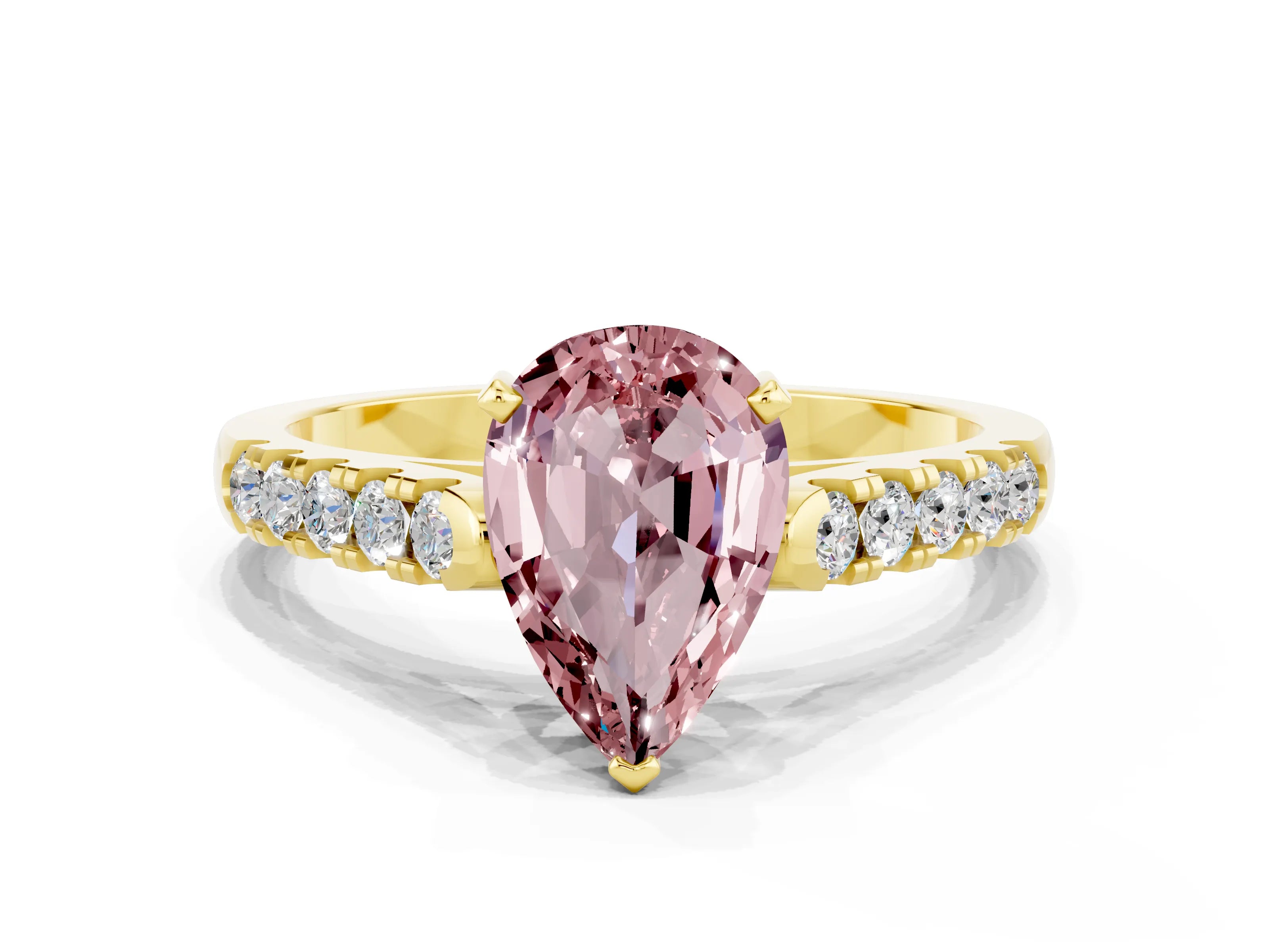 Yellow gold {shape_name} Morganite Solitaire Ring with Pavé Band and Four-Prong Setting
