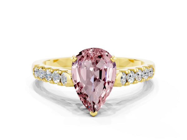 Yellow gold Pear Cut Morganite Pavé Band Solitaire Ring with Prong Setting
