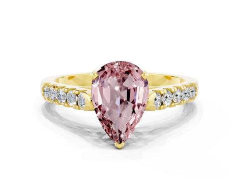 Yellow gold {shape_name} Morganite Solitaire Ring with Pavé Band and Four-Prong Setting