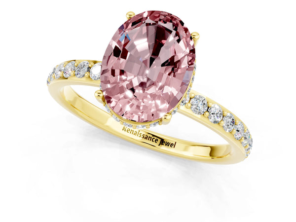 Yellow gold Oval Cut Morganite Solitaire Ring with Pavé Band and Hidden Halo