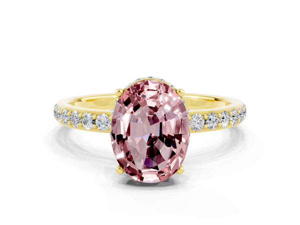 Yellow gold Oval Cut Morganite Solitaire Ring with Pavé Band and Hidden Halo