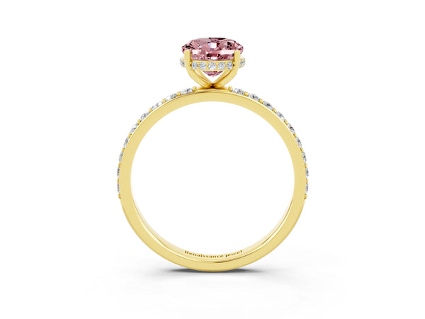 Yellow gold Oval Cut Morganite Solitaire Ring with Pavé Band and Hidden Halo