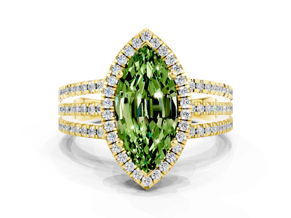 Yellow gold Marquise Cut Peridot Halo Engagement Ring with Split Shank and Four-Prong Setting