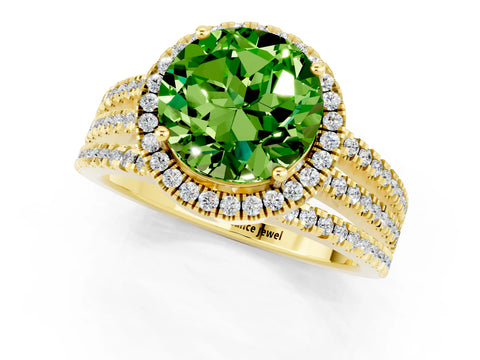 Yellow gold {shape_name} Peridot Halo Engagement Ring with Split Shank and Four-Prong Setting_1