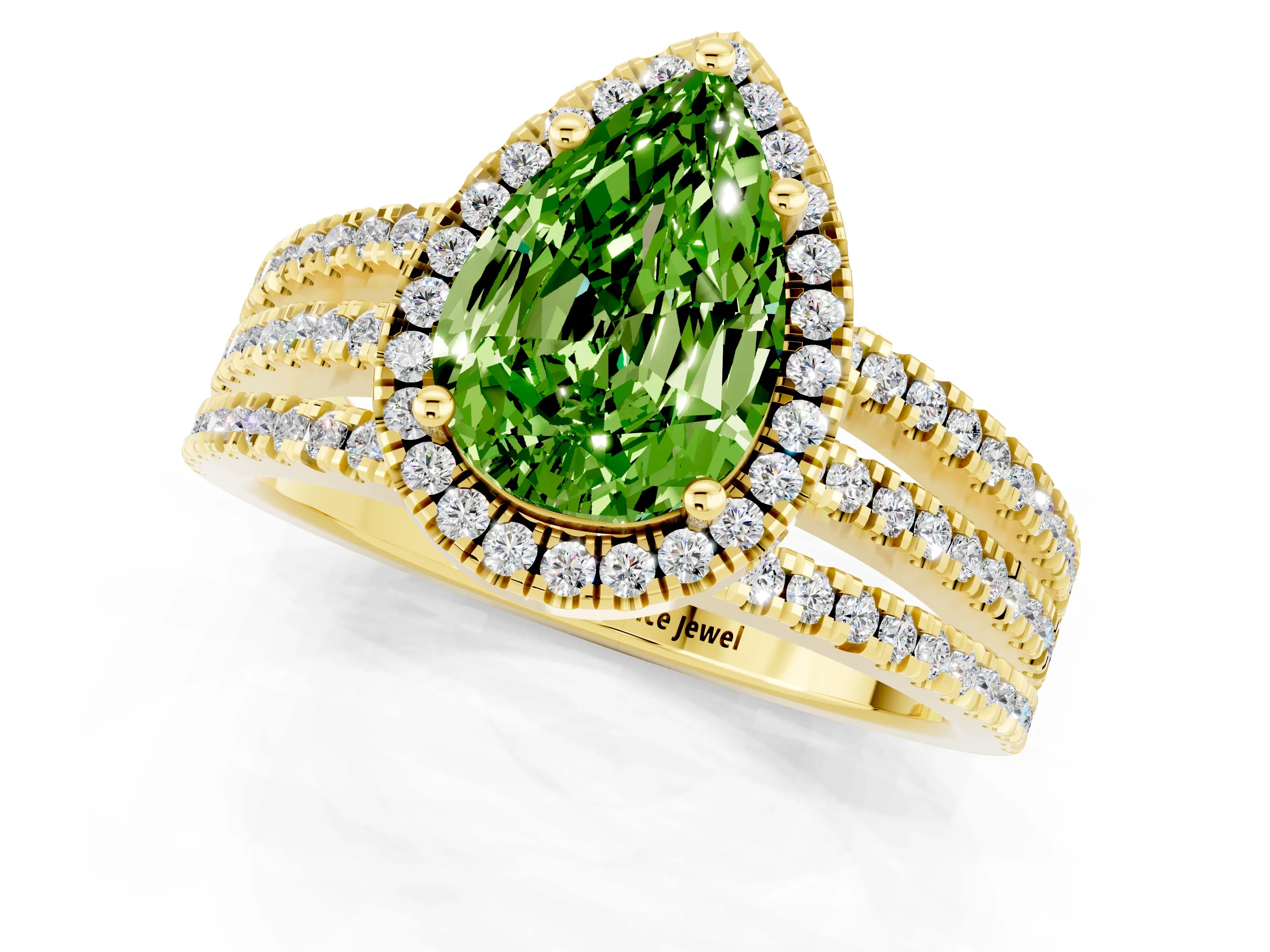 Yellow gold {shape_name} Peridot Halo Engagement Ring with Split Shank and Four-Prong Setting_1