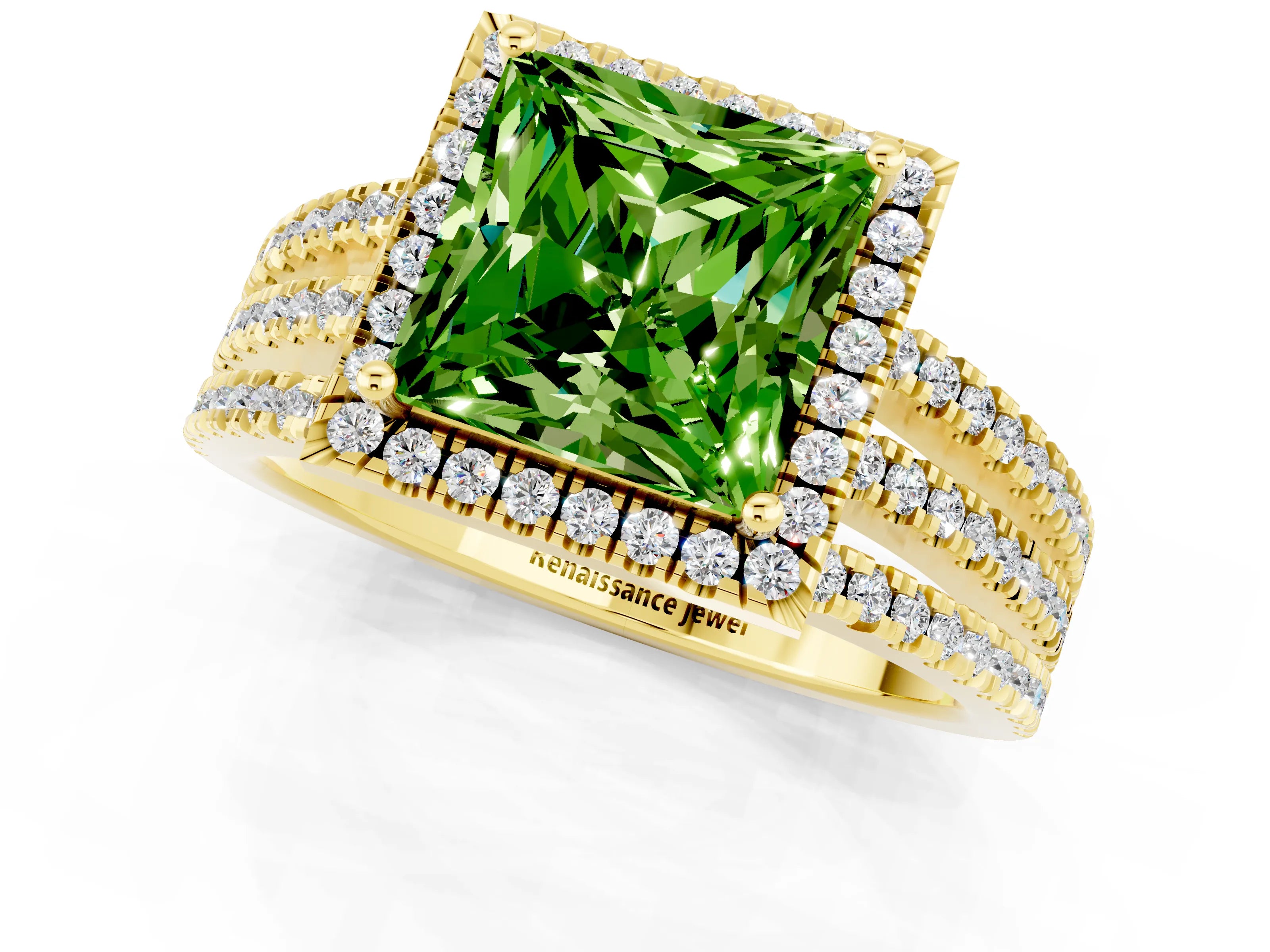 Yellow gold {shape_name} Peridot Halo Engagement Ring with Split Shank and Four-Prong Setting_1