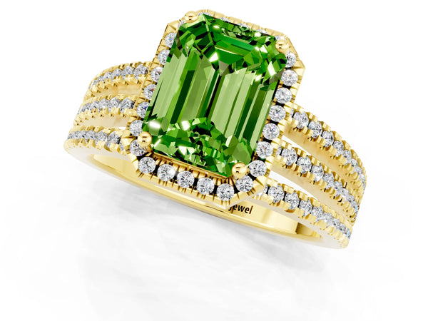 Yellow gold Emerald Cut Peridot Halo Engagement Ring with Split Shank and Four-Prong Setting