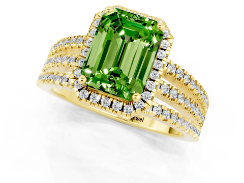 Yellow gold {shape_name} Peridot Halo Engagement Ring with Split Shank and Four-Prong Setting_1