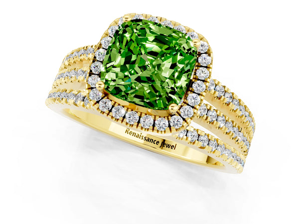 Yellow gold Cushion Cut Peridot Halo Engagement Ring with Split Shank and Four-Prong Setting