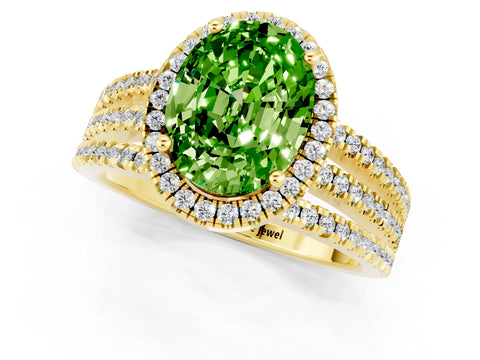 Yellow gold {shape_name} Peridot Halo Engagement Ring with Split Shank and Four-Prong Setting_1
