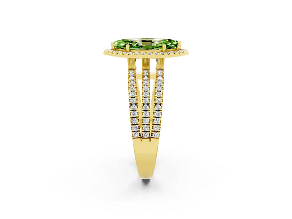 Yellow gold Marquise Cut Peridot Halo Engagement Ring with Split Shank and Four-Prong Setting