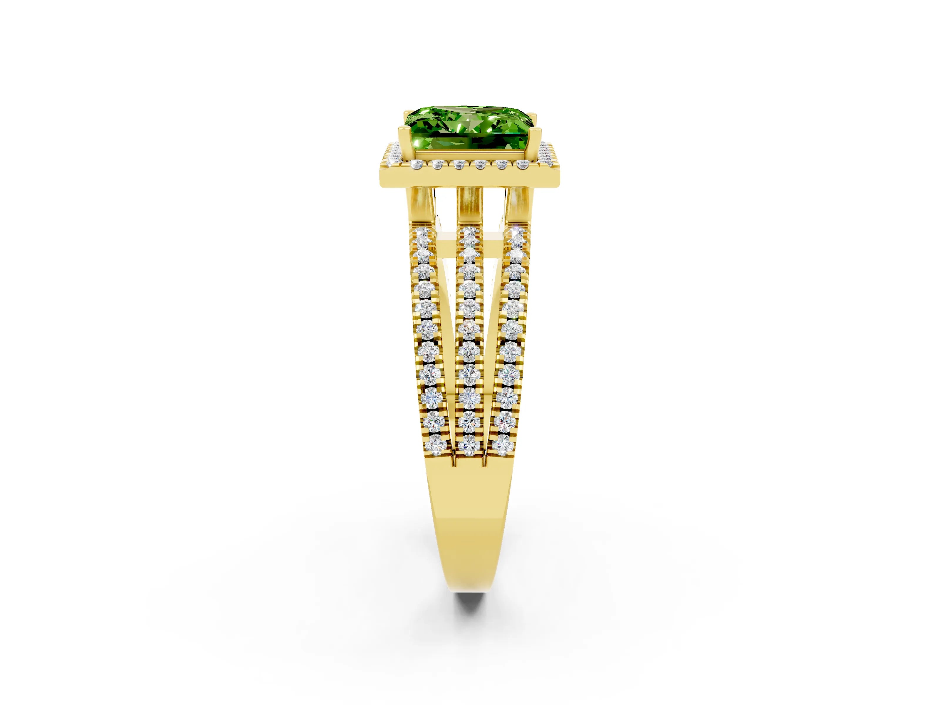 Yellow gold {shape_name} Peridot Halo Engagement Ring with Split Shank and Four-Prong Setting_2