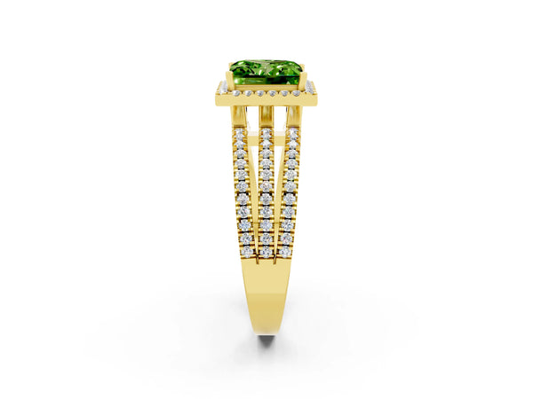 Yellow gold Princess Cut Peridot Halo Engagement Ring with Split Shank and Four-Prong Setting