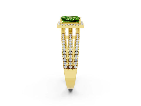 Yellow gold {shape_name} Peridot Halo Engagement Ring with Split Shank and Four-Prong Setting_2