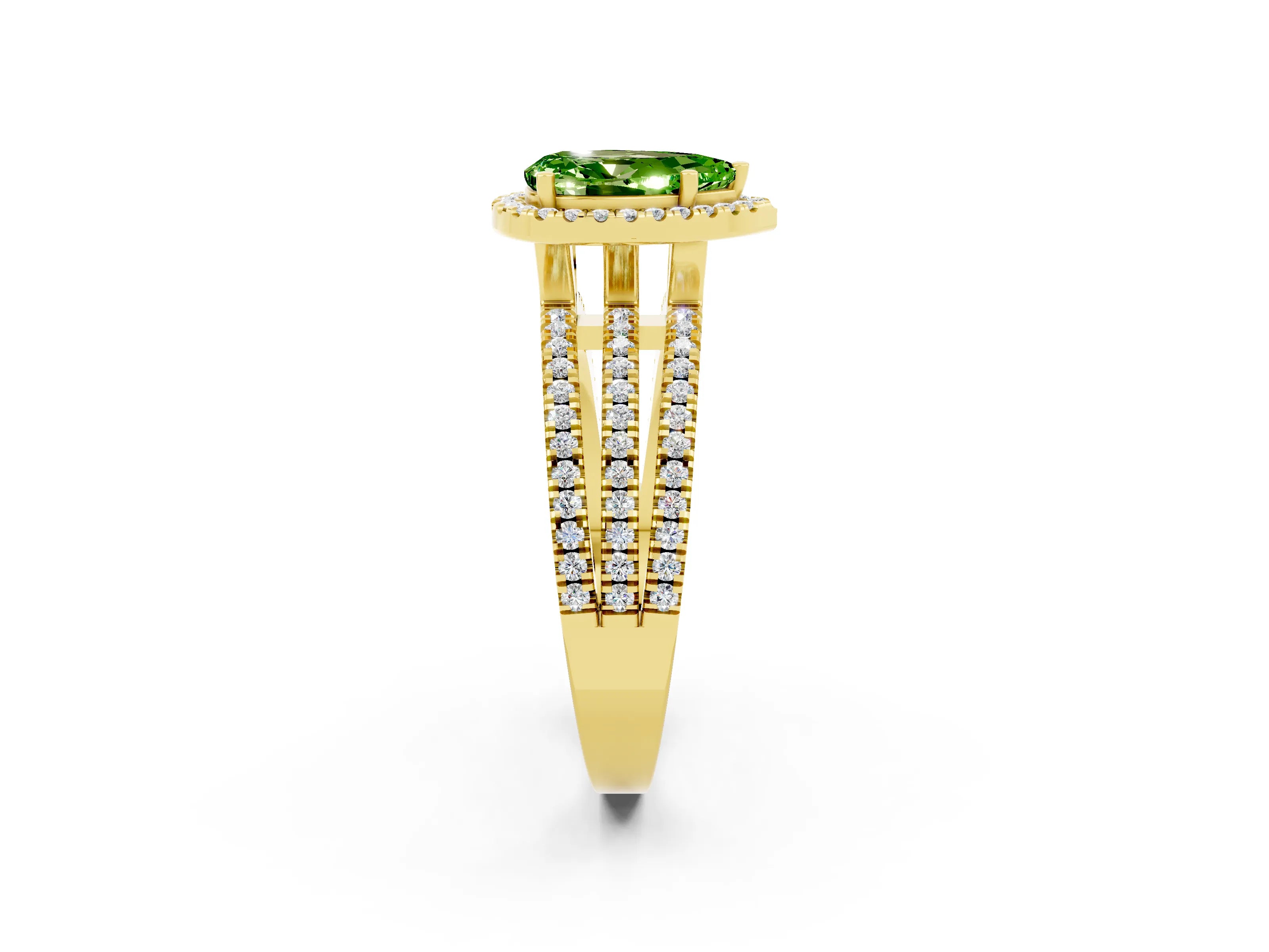 Yellow gold {shape_name} Peridot Halo Engagement Ring with Split Shank and Four-Prong Setting_2