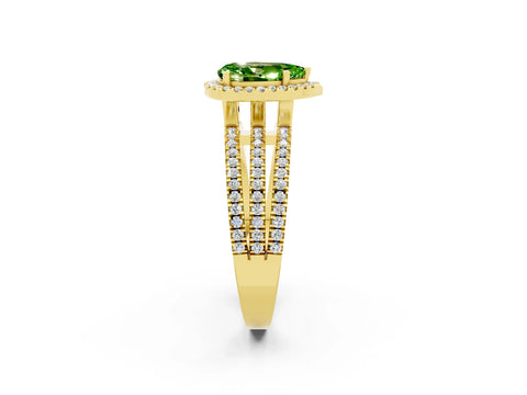 Yellow gold {shape_name} Peridot Halo Engagement Ring with Split Shank and Four-Prong Setting_2