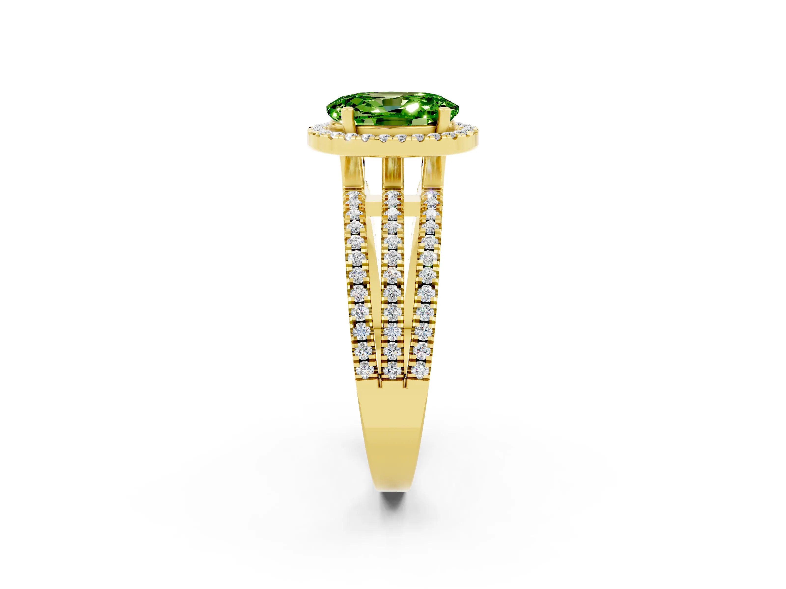 Yellow gold {shape_name} Peridot Halo Engagement Ring with Split Shank and Four-Prong Setting_2