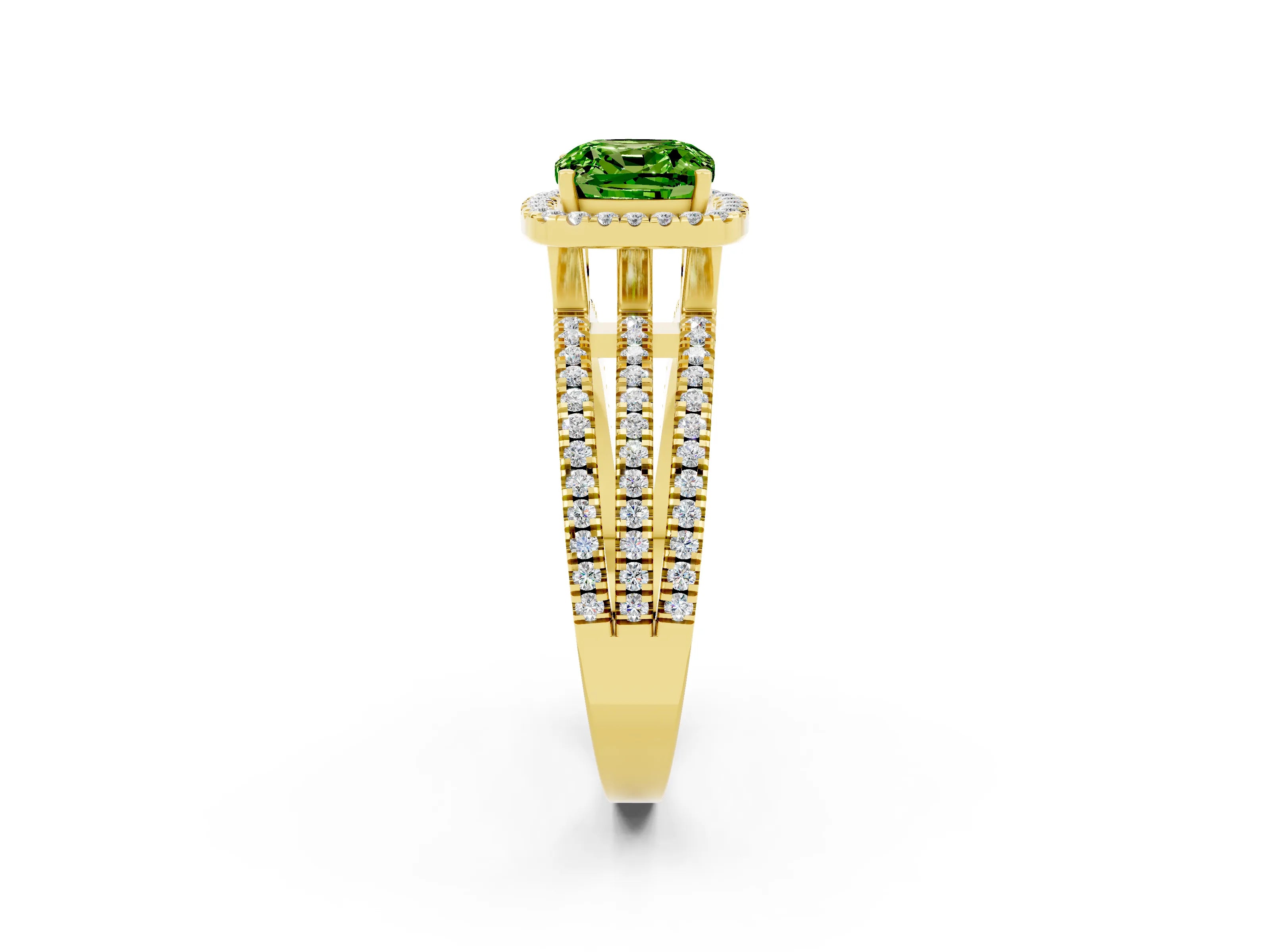 Yellow gold {shape_name} Peridot Halo Engagement Ring with Split Shank and Four-Prong Setting_2