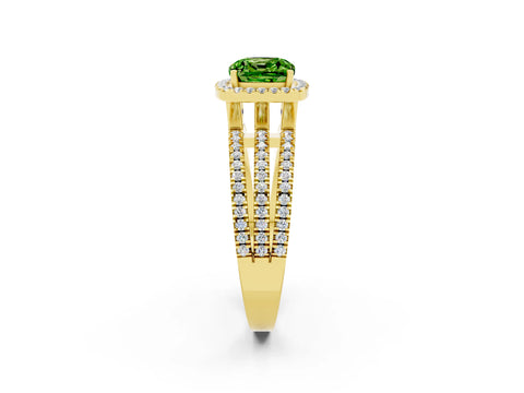 Yellow gold {shape_name} Peridot Halo Engagement Ring with Split Shank and Four-Prong Setting_2