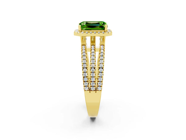 Yellow gold Emerald Cut Peridot Halo Engagement Ring with Split Shank and Four-Prong Setting