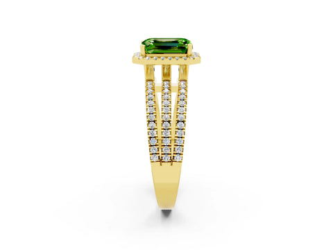 Yellow gold {shape_name} Peridot Halo Engagement Ring with Split Shank and Four-Prong Setting_2