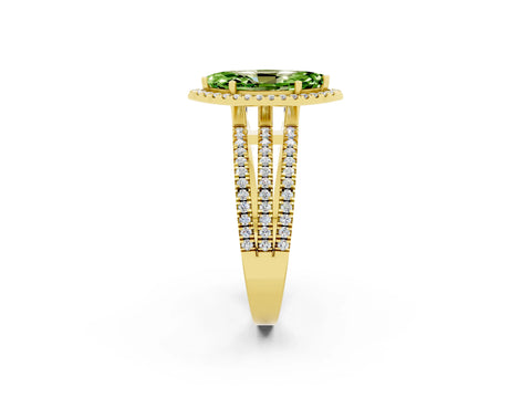 Yellow gold {shape_name} Peridot Halo Engagement Ring with Split Shank and Four-Prong Setting_2