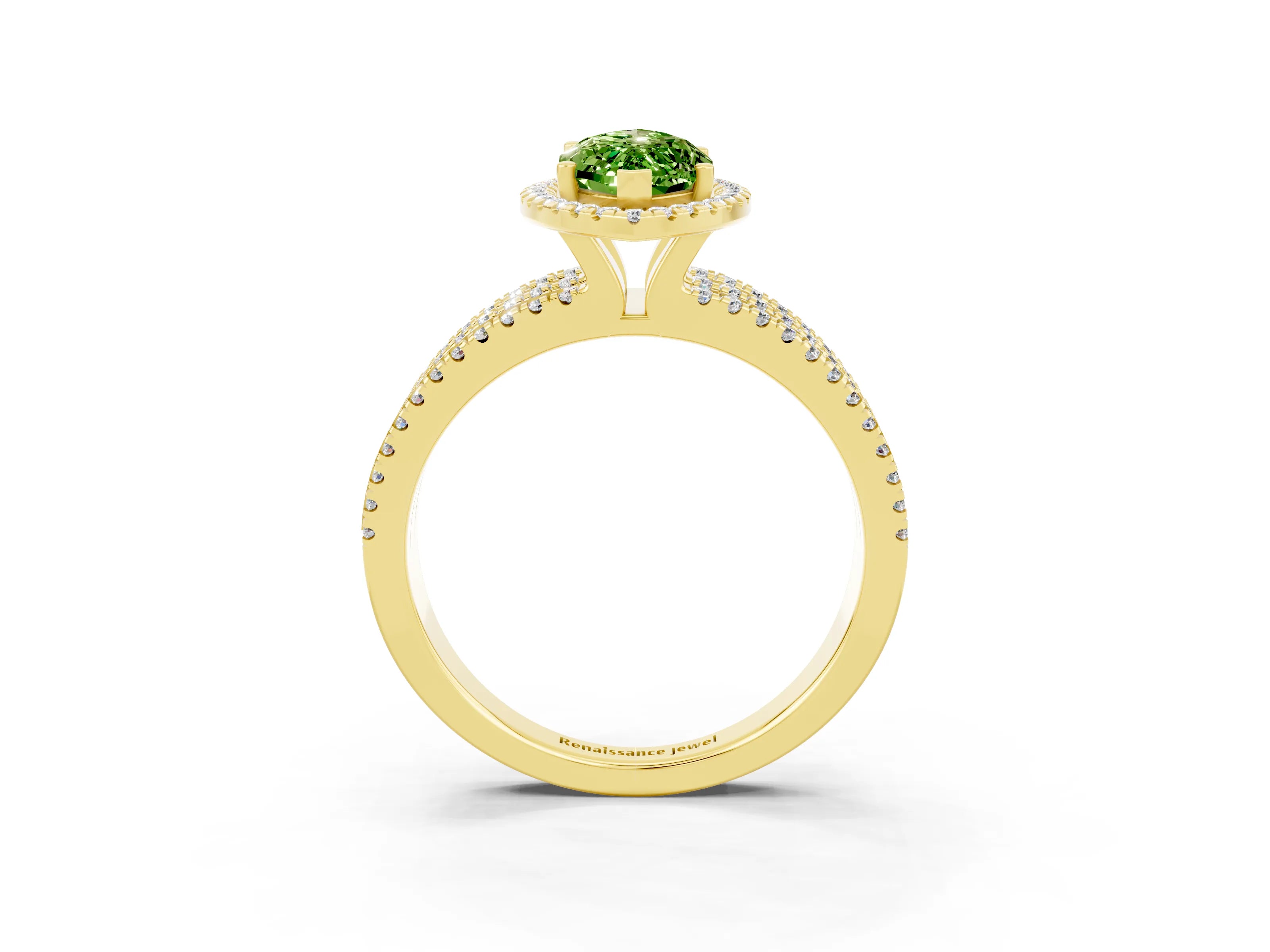 Yellow gold {shape_name} Peridot Halo Engagement Ring with Split Shank and Four-Prong Setting_3