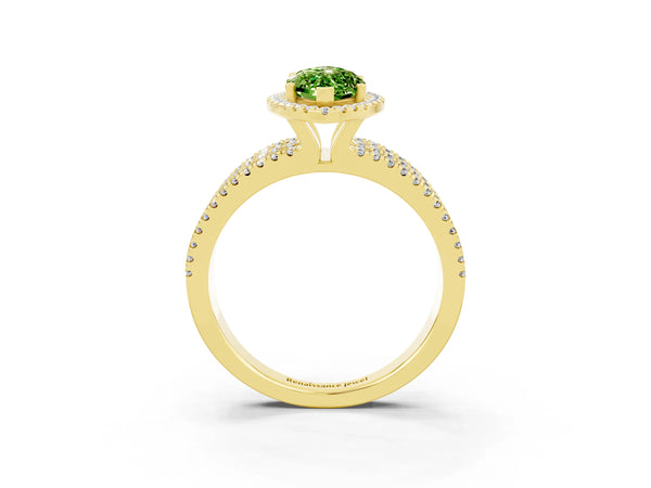 Yellow gold Marquise Cut Peridot Halo Engagement Ring with Split Shank and Four-Prong Setting