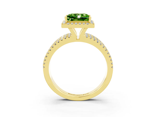 Yellow gold Princess Cut Peridot Halo Engagement Ring with Split Shank and Four-Prong Setting