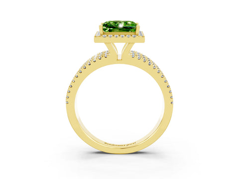 Yellow gold {shape_name} Peridot Halo Engagement Ring with Split Shank and Four-Prong Setting_3