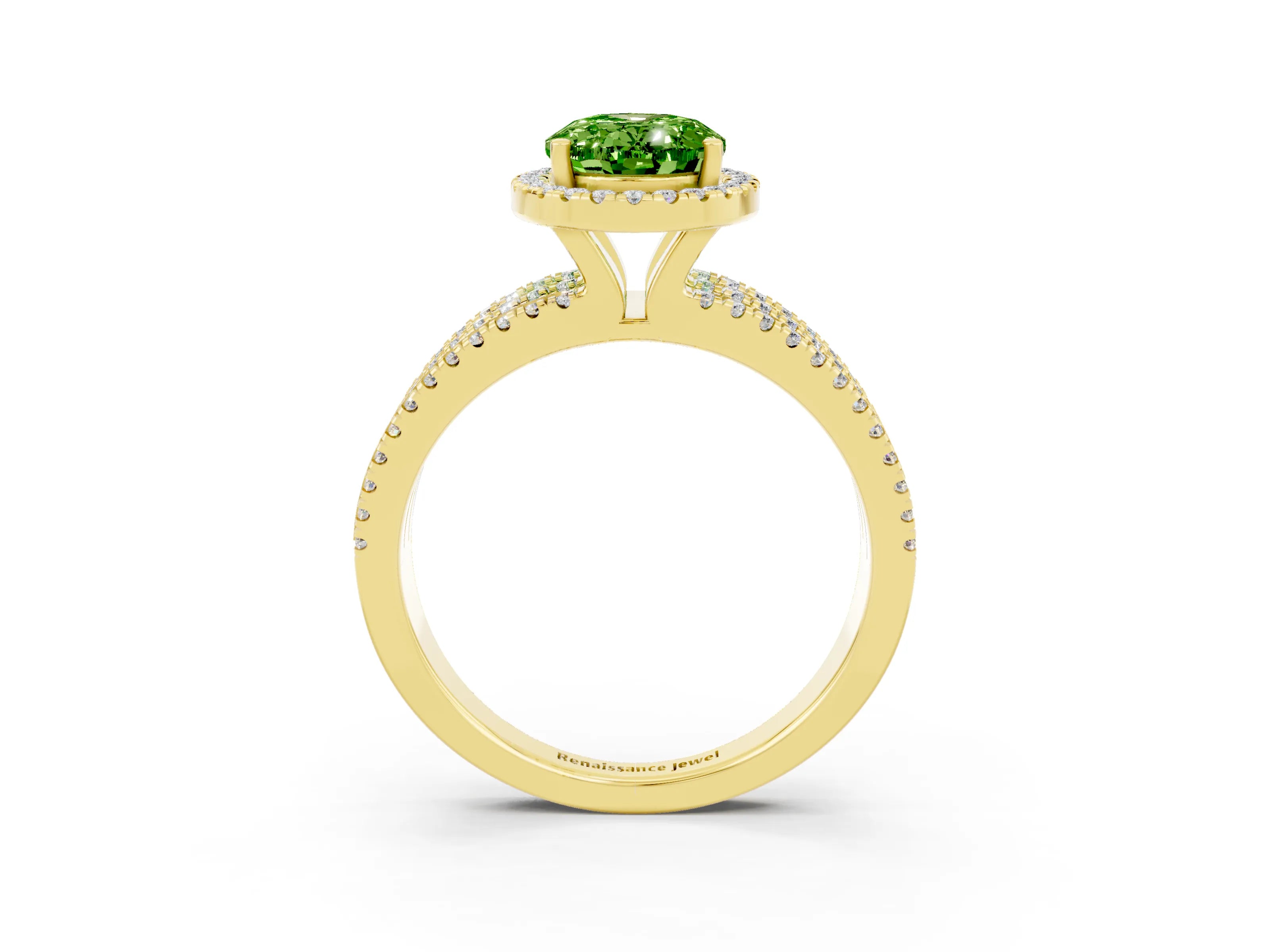 Yellow gold {shape_name} Peridot Halo Engagement Ring with Split Shank and Four-Prong Setting_3