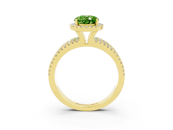 Yellow gold Oval Cut Peridot Halo Engagement Ring with Split Shank and Four-Prong Setting
