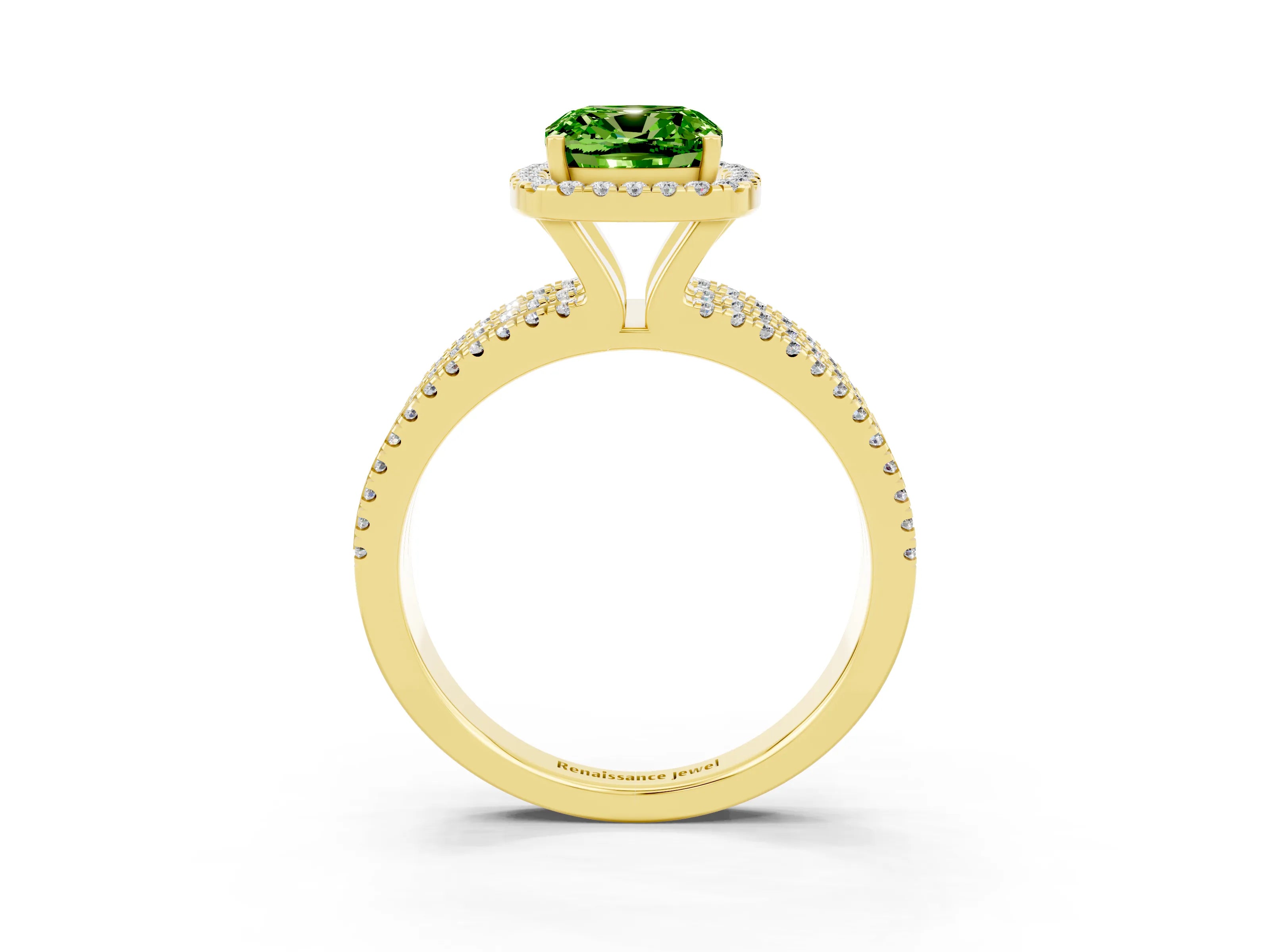 Yellow gold {shape_name} Peridot Halo Engagement Ring with Split Shank and Four-Prong Setting_3