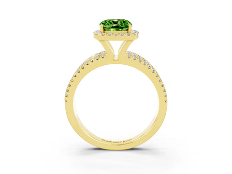 Yellow gold {shape_name} Peridot Halo Engagement Ring with Split Shank and Four-Prong Setting_3