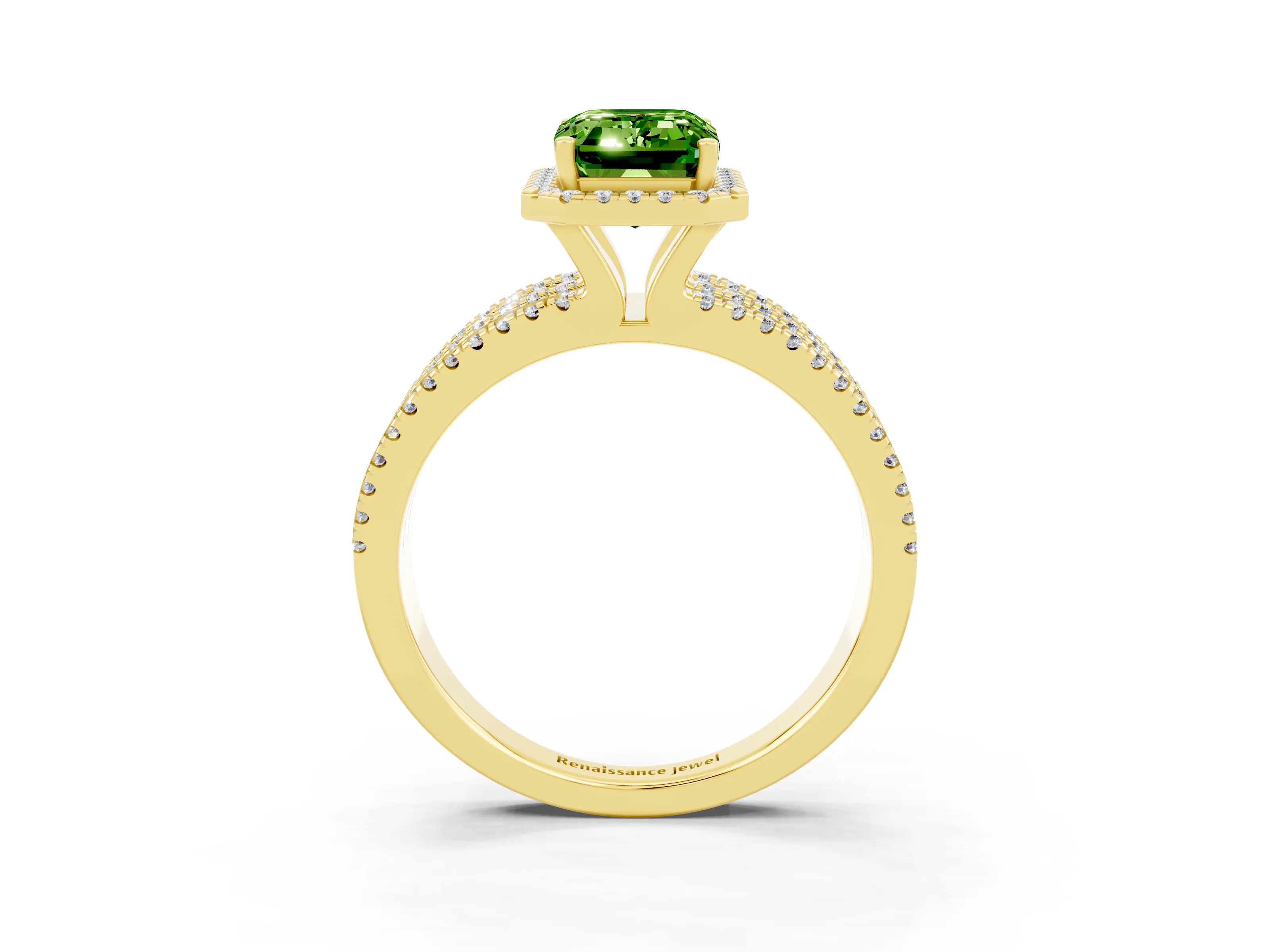 Yellow gold {shape_name} Peridot Halo Engagement Ring with Split Shank and Four-Prong Setting_3