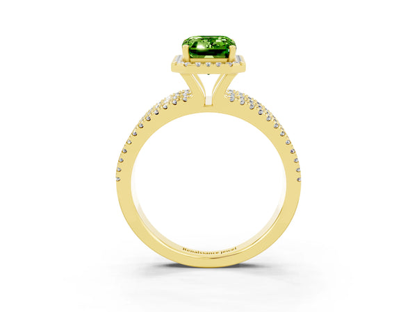 Yellow gold Emerald Cut Peridot Halo Engagement Ring with Split Shank and Four-Prong Setting