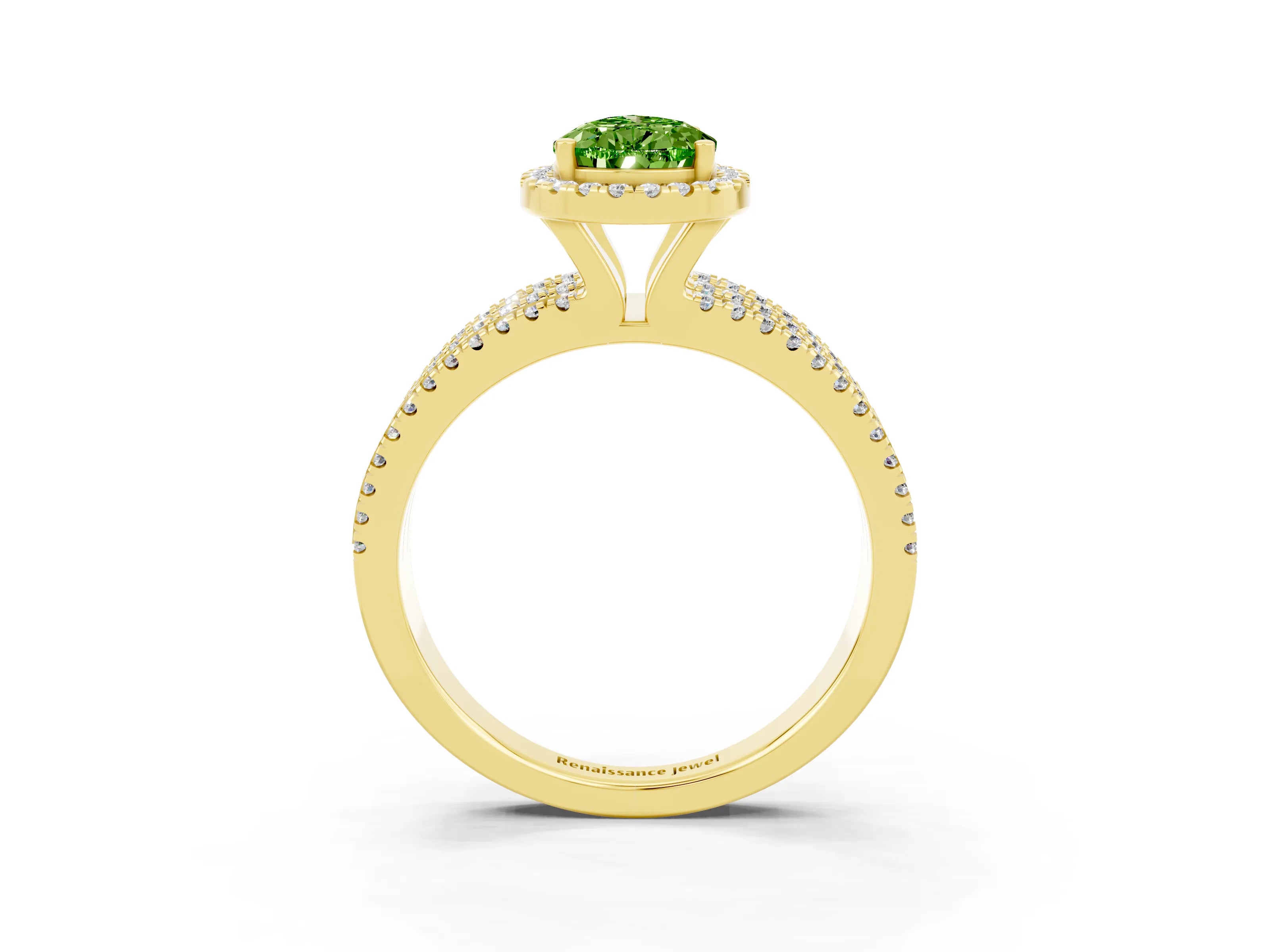 Yellow gold {shape_name} Peridot Halo Engagement Ring with Split Shank and Four-Prong Setting_3