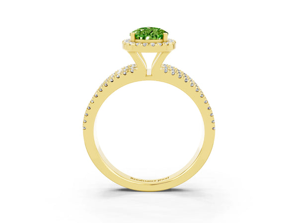 Yellow gold Pear Cut Peridot Halo Engagement Ring with Split Shank and Four-Prong Setting
