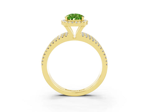 Yellow gold {shape_name} Peridot Halo Engagement Ring with Split Shank and Four-Prong Setting_3