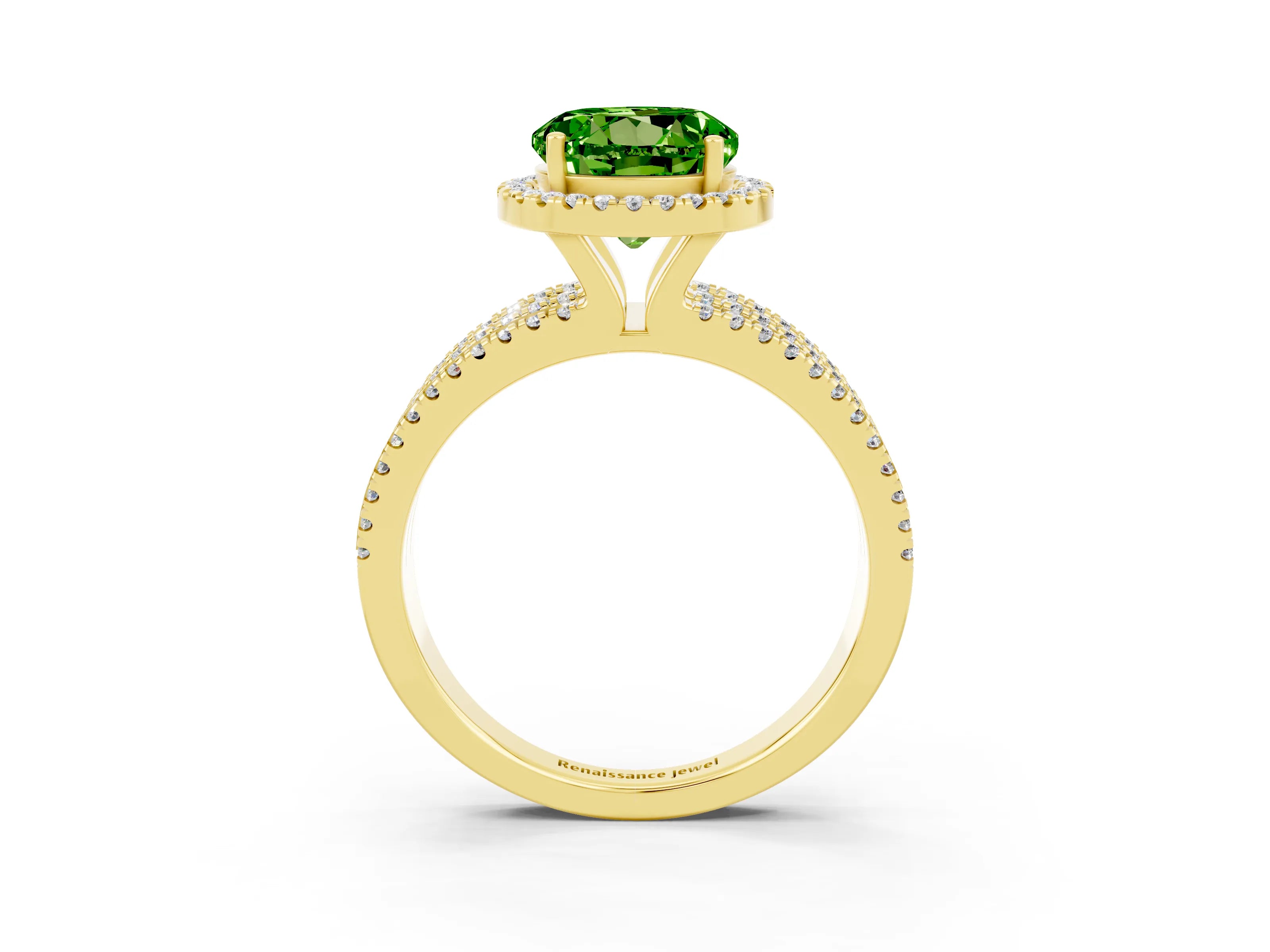 Yellow gold {shape_name} Peridot Halo Engagement Ring with Split Shank and Four-Prong Setting_3