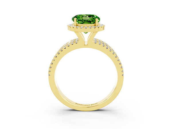 Yellow gold Round Cut Peridot Halo Engagement Ring with Split Shank and Four-Prong Setting