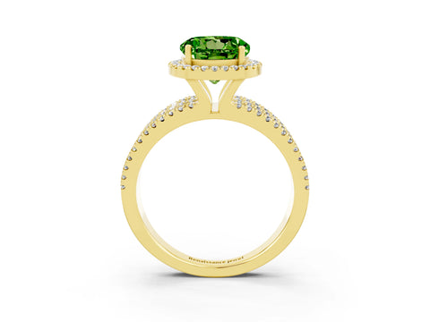 Yellow gold {shape_name} Peridot Halo Engagement Ring with Split Shank and Four-Prong Setting_3