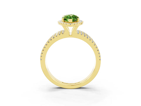 Yellow gold {shape_name} Peridot Halo Engagement Ring with Split Shank and Four-Prong Setting_3