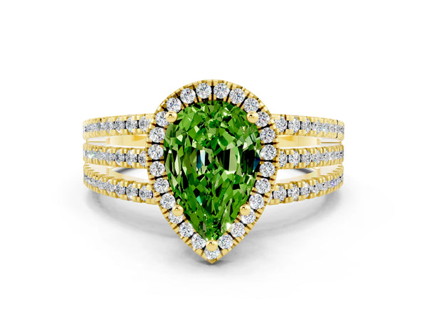 Yellow gold Pear Cut Peridot Halo Engagement Ring with Split Shank and Four-Prong Setting