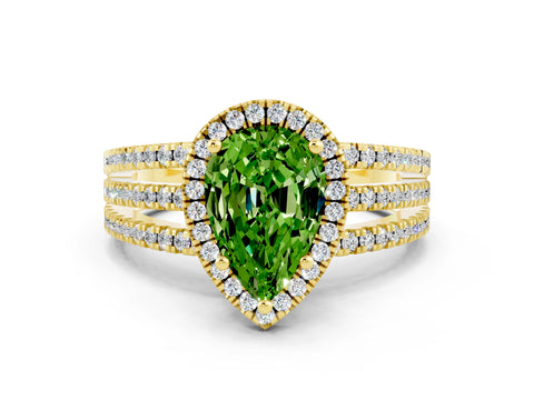 Yellow gold {shape_name} Peridot Halo Engagement Ring with Split Shank and Four-Prong Setting