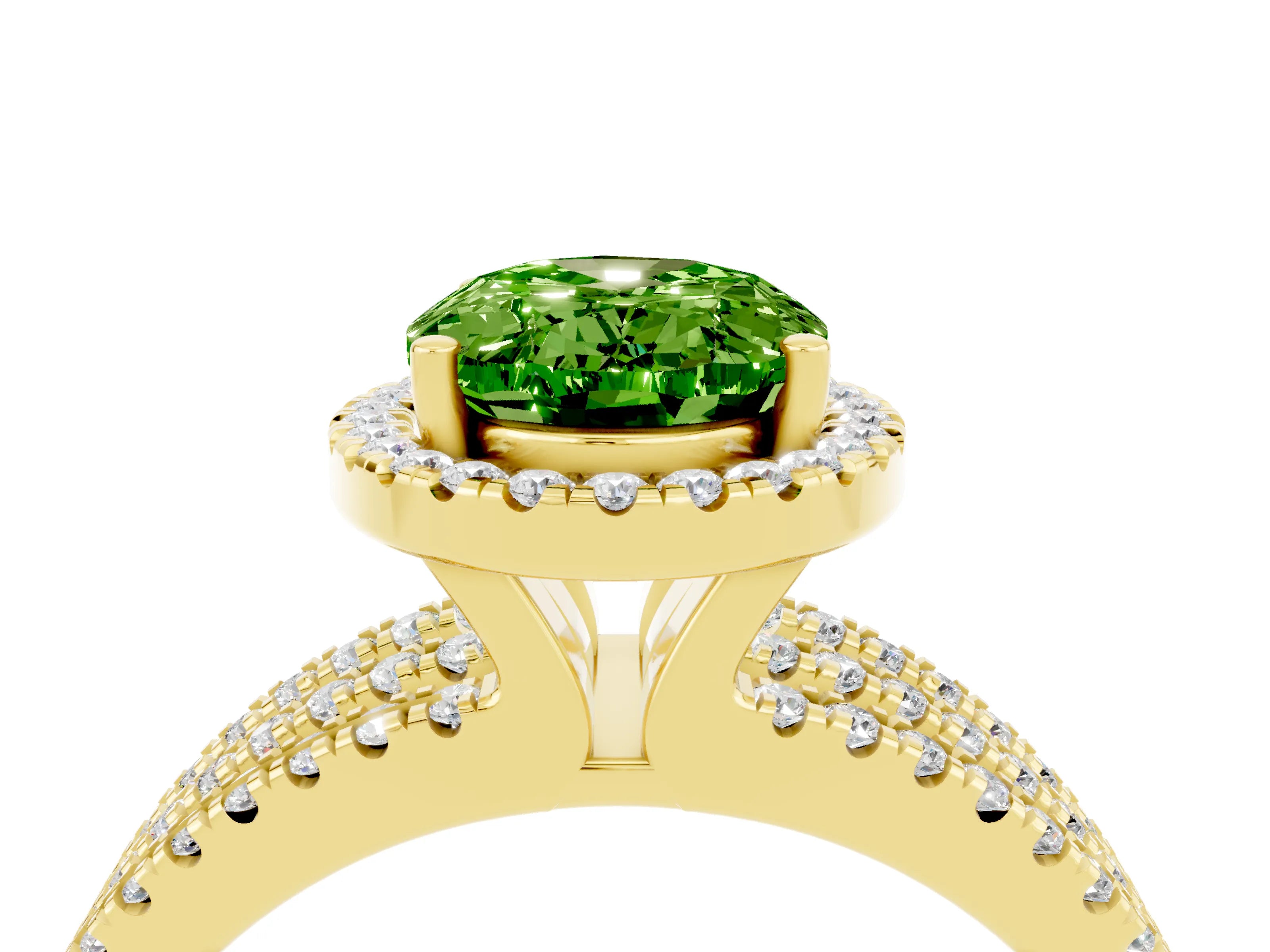 Yellow gold {shape_name} Peridot Halo Engagement Ring with Split Shank and Four-Prong Setting_4