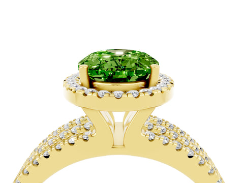Yellow gold {shape_name} Peridot Halo Engagement Ring with Split Shank and Four-Prong Setting_4